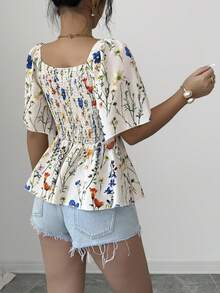 Elenzga 女士优雅印花收腰衬衫，夏季 - 杏色 - 查看 2