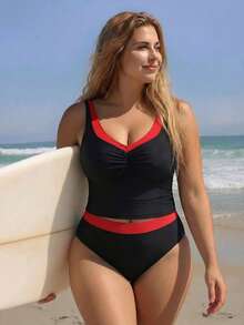 Swim SPRTY Bộ đồ bơi tankini xếp ly tương phản màu sắc dành cho nữ cỡ lớn mùa hè đi biển - màu đen - Xem 4