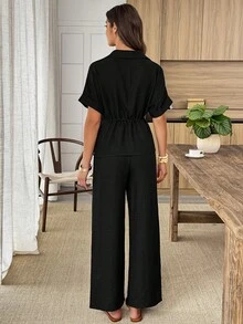Louniche Conjunto de 2 piezas de camisa y pantalones de unicolor con cordón en la cintura, estilo casual de verano - Negro - Ver 2