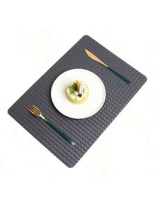2 piezas/4 piezas Manteles individuales de cuero tejido premium en diseño cuadrado azul-gris, manteles resistentes al calor perfectos para la decoración de la mesa de comedor del hogar, la cocina y el hotel - Azul-gris - Ver 3