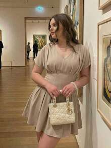 SHEIN MOD 大码蝙蝠袖宽松直筒连衣裙、夏季假日连衣裙、办公室通勤连衣裙 - 杏色 - 查看 7