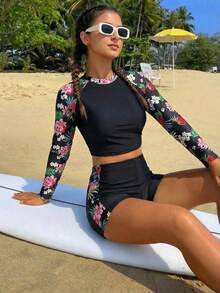 SHEIN Teen Girl Tropical Plant Print Raglan Sleeve Shorts Casual Swimsuit Set - Black - View 1