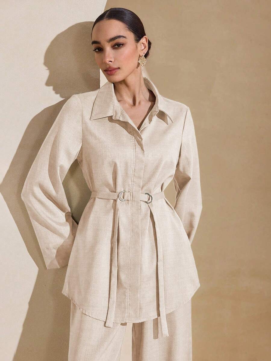 Graceveil 1 Set Camisa de mujer de unicolor con decoración de metal en el cuello, conjunto informal y elegante de 2 piezas - Albaricoque - Ver 1