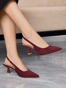 Sleekvia Women's New High-Heeled Pumps, Pointed Toe, Wine Glass Heel, Back Strap Style, Suede, Simple, Comfortable, Versatile, Elegant Office Heels - Bordeaux Red - View 2