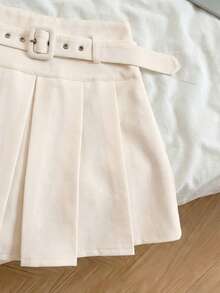 Elnivra Fashionable New Pleated High Waist A-Line Skirt, Elegant Belted Design, Autumn/Winter - Apricot - View 4