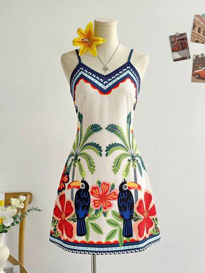 Sparklyn 少女热带印花吊带度假连衣裙