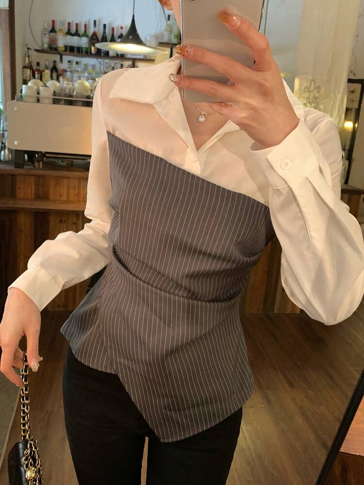 Women's Casual Striped Pleated Asymmetric Hem Long Sleeve Shirt