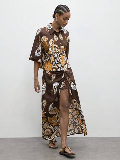 Maija Outfit Deas For Sets,Women's Casual 2-Piece Set: Floral & Cashew Print Drop Shoulder Blouse And Skirt,Going Out Outfits,Vacation Outfits Women,Summer Holiday Outfits,Casual Sets For Women,Vacation Outfits Women,Summer Holiday Outfits ,Beach Vacation Outfits For Women