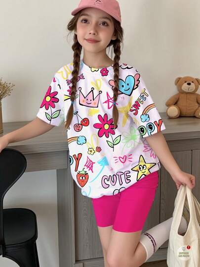 Tween Girls' Casual Cute Cartoon Star, Heart, Flower, Rainbow, Cherry, Happy Text Print Short Sleeve T-Shirt And Shorts 2-Piece Set, Suitable For Summer