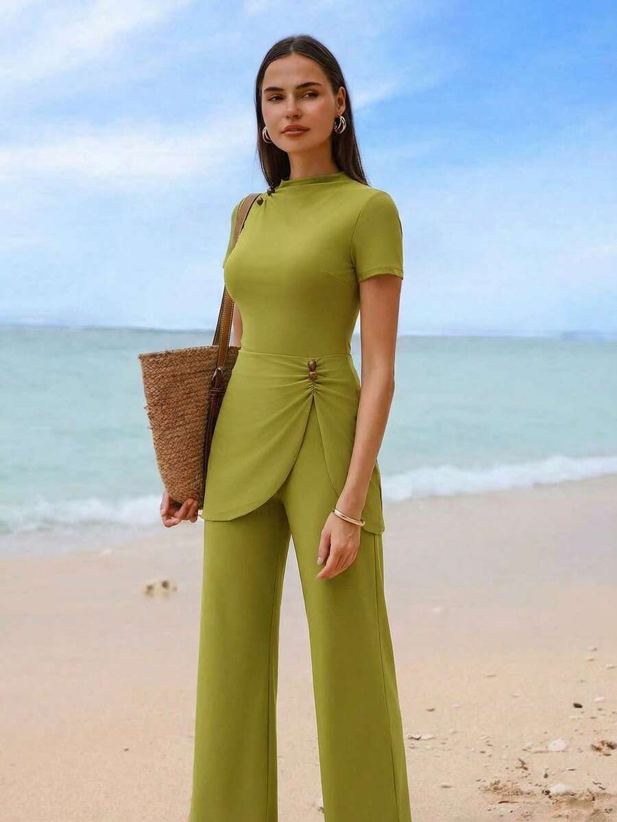 Swim Shayni Nuevo conjunto de vestido y pantalones anchos de verano para mujer, con cuello redondo, mangas cortas, cintura ceñida, volantes delanteros, abertura y pantalones anchos en color verde para vacaciones informales - Verde - Ver 1