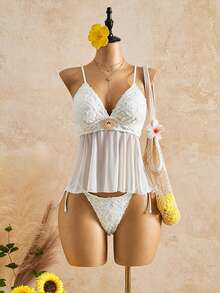 Bellisia Women's White Floral Summer Boho Vacation Holiday Textured Fabric Mesh Tankini Set, Metal Decor Camisole Tummy Control 2 Pieces Swimwear Suit - Beige - View 1