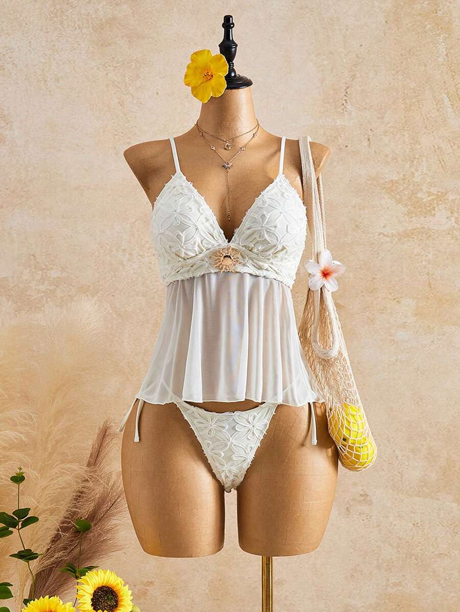 Bellisia Women's White Floral Summer Boho Vacation Holiday Textured Fabric Mesh Tankini Set, Metal Decor Camisole Tummy Control 2 Pieces Swimwear Suit - Beige - View 1