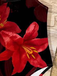 芙蓉花、火焰树、海滩度假、#椰子女孩、少女休闲简约黑色连体泳衣，适合夏季穿着 - 黑色 - 查看 6