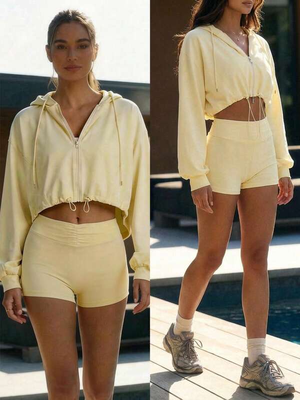 Fluxe Chaqueta deportiva con capucha con cordón, cremallera frontal y manga larga de unicolor para mujeres, ideal para vacaciones de verano, vacaciones en la playa, uso casual, parte superior de verano, ropa deportiva para mujeres, color amarillo