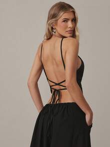 Hauture Áo croptop hở lưng, kiểu dáng gợi cảm, vạt bất đối xứng, dành cho nữ, thích hợp cho mùa hè. - màu đen - Xem 1