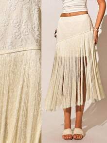 Poéselle Woven Jacquard Tassel Decorated Women's Fashion Skirt - Apricot - View 4