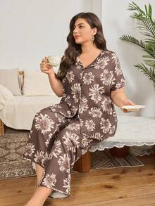 Serenescape Plus Size Casual Floral Print Open Front Pajama Set - Brown - View 5