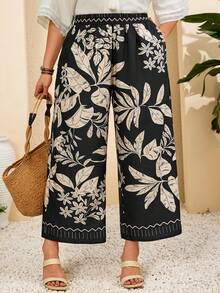 EMERY ROSE Plus Size Women Floral Print Casual Pants With Pockets, Suitable For Summer & Autumn Outfits Clothes Spring Dress Outfit Clothing Beach Vacation - Multicolor - View 3