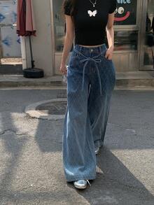 DAZY 女士格子水钻做旧系带休闲牛仔裤 - 藍色 - 查看 3