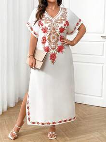 EMERY ROSE Plus Size Women's Summer Vacation Floral Print V-Neck Batwing Sleeve High Slit Hem Loose Dress - Red and White - View 4