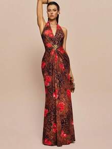 Olia Maree Women's Summer Seductive Dinner Date Brown Checkered Floral Leopard Print Halter Neck Maxi Dress, Deep V-Neck Backless Ruched Formal Wrap Dresses - Multicolor - View 2
