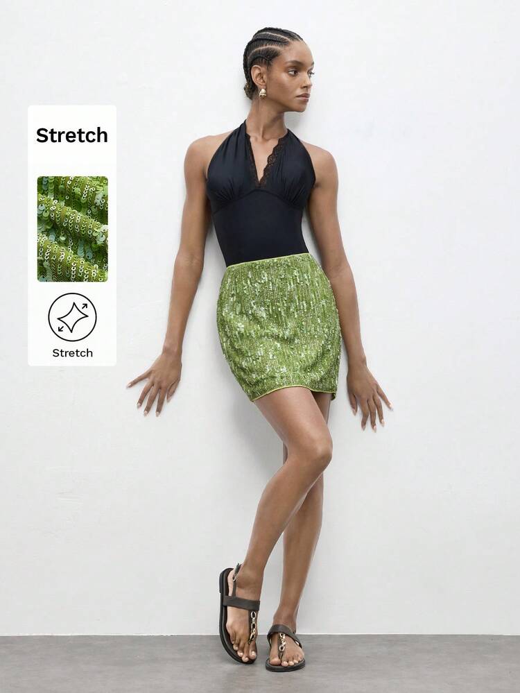 SHEIN Maija Skirt,Women's Sequin Embellished Mini Skirt, Fashionable For Summer Vacation,Going Out,Summer Holiday, Beach Vacation For Women,Spring Women,Summer, Festival For Women Sequin Skirt Women's Skirt Green Sequin Skirt Shiny Skirt