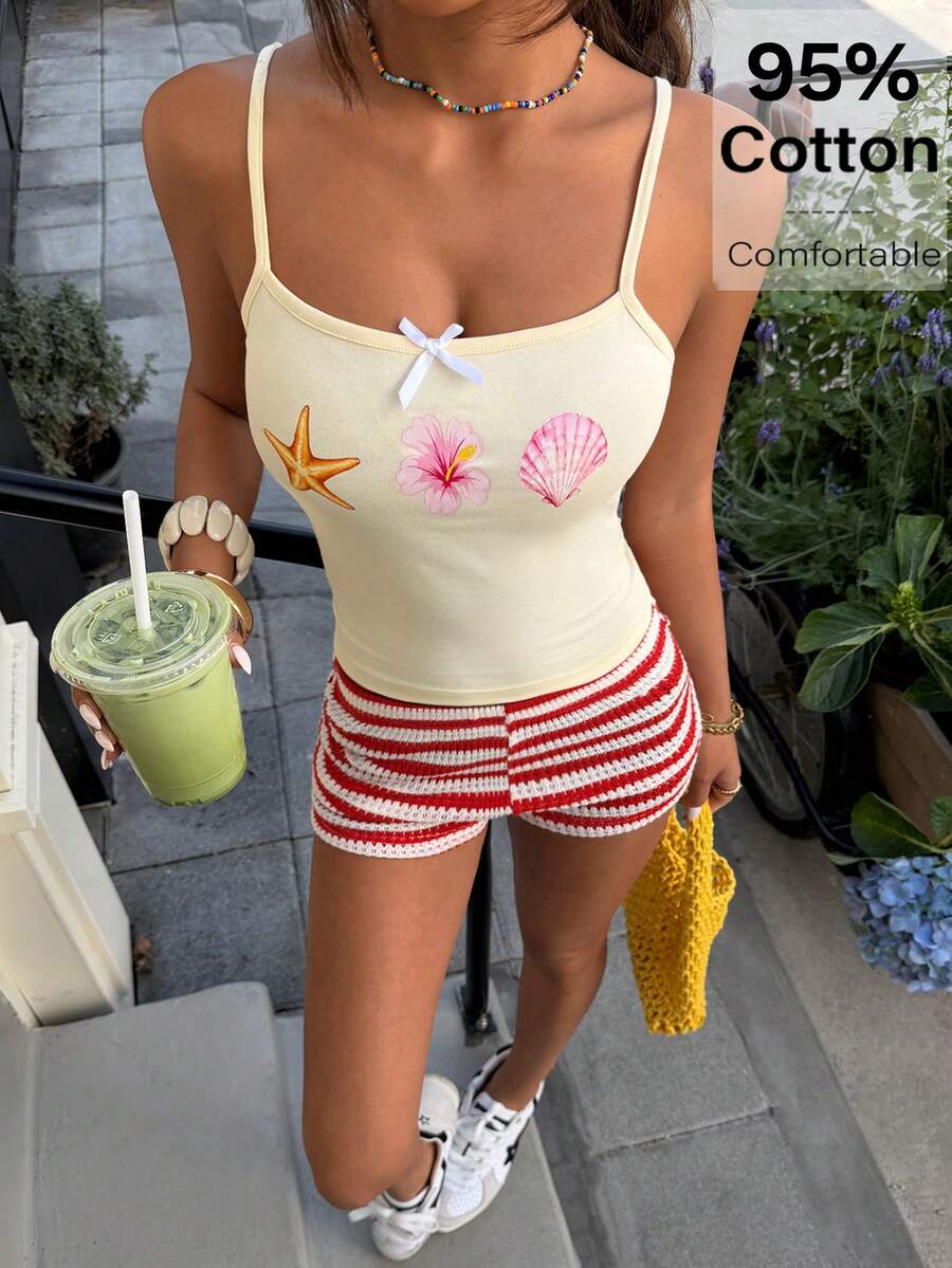 Muchica Damen Urlaubs-Lässig Seestern, Muschel, Blumen Schmetterling Muster Trägerhemd, Strand, Urlaub für Frauen, Sommer Damen - Gelb - Übersicht 1