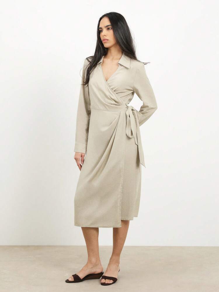 KSTM Women's Beige Wrap Midi Dress With Long Sleeves And Collared Neckline For Work And Casual Occasions