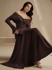Anewsta White Elastic Fitted Flare Sleeve Off Shoulder Long Dress For Women - Brown - View 6