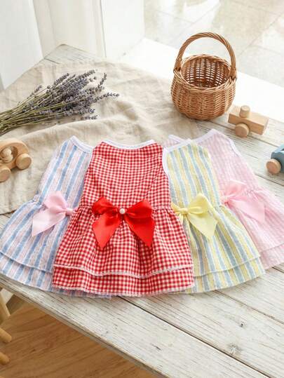 PETSIN 1pc Soft Breathable Polyester Stretchy Skin Friendly Plaid Bowknot Decor Pet Dog Skirt Cat Formal Dress Dog Wedding Gown Pet Clothing Supplies Spring Summer Wedding Party Daily Wear Outdoor Indoor Pet Photography Special Occasion Pet Apparel Pet Outfits Pet Fancy Dress Dog Cat Fashion Wear