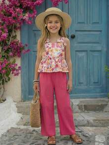 Emery Rose Kids Emery Rose Kids 2pcs Young Girl Ditsy Floral Camisole Top And Long Pants Set - Burgundy - View 12