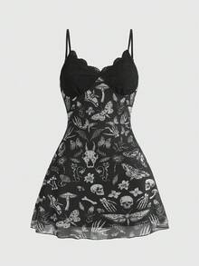 ROMWE Dark Floral Bohemian Romantic Gothic Skull & Horns Print Loose Fit Spaghetti Strap Mini Dress For Women - Black - View 1