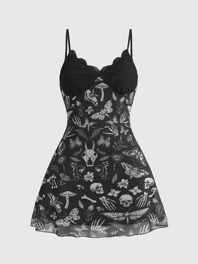 ROMWE Đầm ngắn hai dây dáng rộng, họa tiết hoa tối màu, phong cách Bohemian lãng mạn Gothic, đầu lâu và sừng, dành cho nữ.