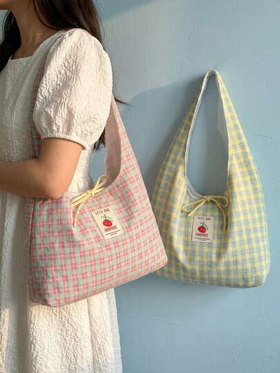 Joivida 1Pc/2Pcs New Large-Capacity Gingham Canvas Tote, Reversible Oversized Bag, Versatile Commuter Backpack For Women & College Students