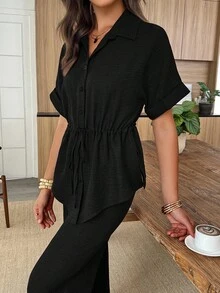 Louniche Conjunto de 2 piezas de camisa y pantalones de unicolor con cordón en la cintura, estilo casual de verano - Negro - Ver 7