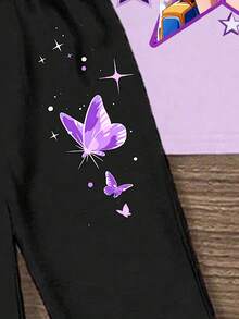 Girls' Summer School Casual Fashion Virtual Girl Group Character Gradient Butterfly Graphic Print Short T-Shirt And Flared Pants Set,Comfortable Wear - Multicolor - View 5