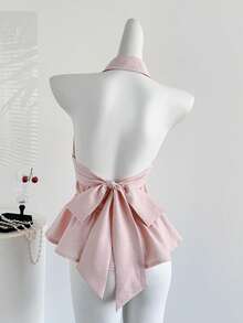 Sweetra French Sweet Elegant Style Girly Pink Collar Design Spring/Summer Fashion New Button Cinched Waist Bow Accent Pure Elegant Women Blouse - Pink - View 3