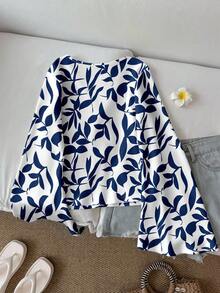 SHEIN LUNE Women's Casual Printed Drawstring Flare Sleeve Top, Suitable For Autumn/Winter - Multicolor - View 2