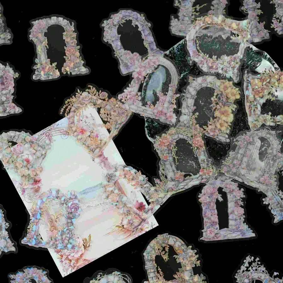1 SET Floral Mirror Manor Door Frame Stickers Series, Retro Floral Patterns, DIY Diary Stickers, Laser Hot Stamping Stickers - Flower mirror manor - View 1