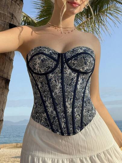 MainGRL 2026 Spring/Summer New Blue & White Floral Jacquard Fabric Navy Blue Boned Bustier Top, Suitable For Outings, Gatherings, Dates, Parties, Fitted Boned Bustier Top For Women