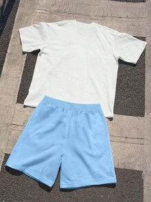 Manfinity EMRG 男士夸张趣味人像标签及标语印花街头风圆领短袖短裤两件套，男士街头时尚 - 彩色 - 查看 2