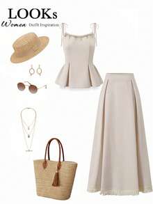 Lyxana Women's Solid Color Minimalist Daily Wear Camisole Top And Skirt 2-Piece Set - Apricot - View 4