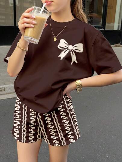 Teen Girl Bow Print Drop Shoulder Tee & Shorts