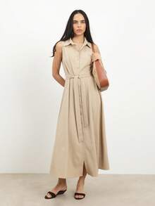 KSTM Sleeveless Button Front Midi Shirt Dress With Collared Neckline And Tie Belt Waist Detail For Casual Work Day Occasions - Khaki - View 1