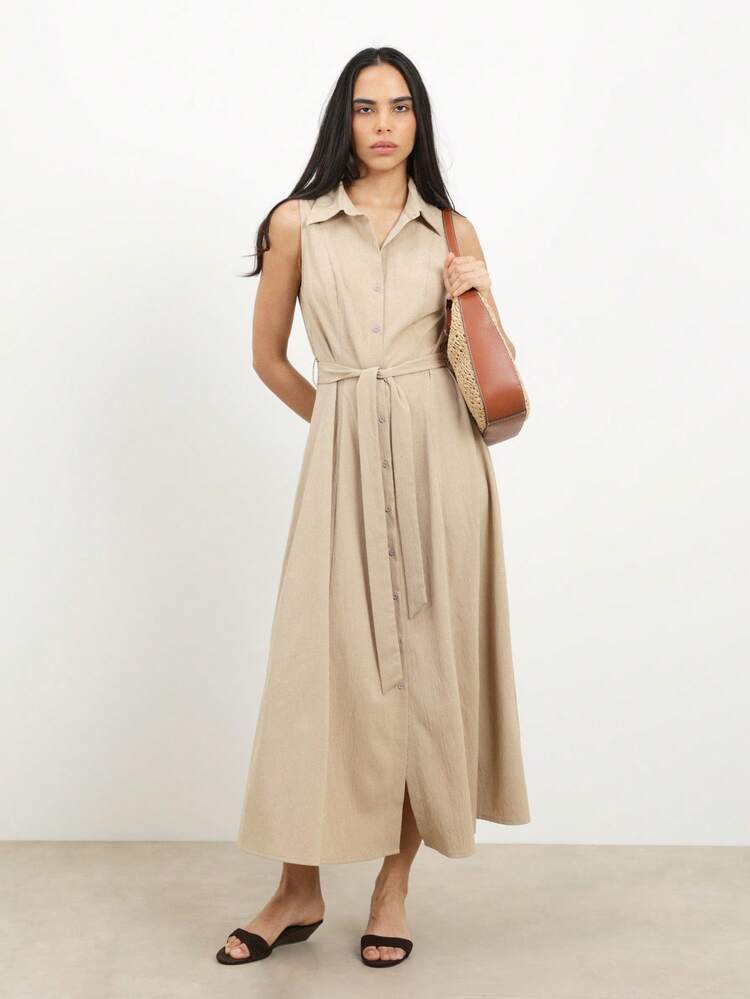 KSTM Sleeveless Button Front Midi Shirt Dress With Collared Neckline And Tie Belt Waist Detail For Casual Work Day Occasions
