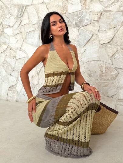 Firerie Bộ đồ nữ thanh lịch, gợi cảm, phong cách bohemian, thích hợp cho kỳ nghỉ biển, lễ hội âm nhạc, tiệc tùng. Áo dệt kim cổ chữ V khoét sâu họa tiết sao biển và chân váy mini dệt kim eo thấp, kiểu dáng vintage kẻ sọc, trang trí kim loại, thích hợp cho mùa xuân/hè.