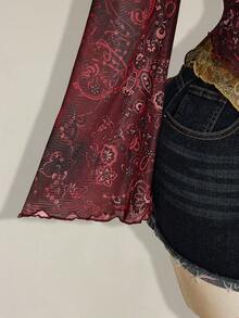 SHEIN ICON 女士波西米亚风假日佩斯利印花T恤，不对称下摆，喇叭袖，复古Y2K风格，秋季款 - 彩色 - 查看 8