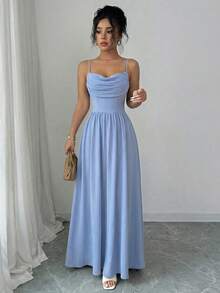 Elenzga 女士优雅浪漫婚礼宾客/伴娘雪纺吊带束腰飘逸连衣裙 - 霧霾藍 - 查看 5