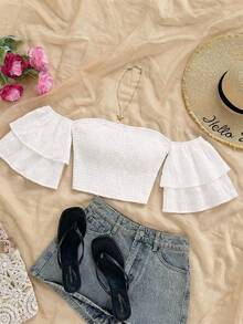 SHEIN WYWH New Arrival Spring/Summer Ruffled Hem Printed Tube Top For Women,Summer Top - White - View 3