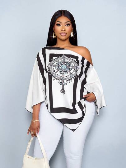 SOLERSUN 这款大码女式时尚休闲优雅的黑白条纹撞色衬衫，采用不对称领口、斜领、短袖和不对称下摆设计。宽松的版型，休闲时尚，复古印花搭配蝙蝠袖，尽显别致风情。作为春夏新品，这款百搭衬衫适合日常穿着、通勤、外出，甚至宁静奢华的假期。